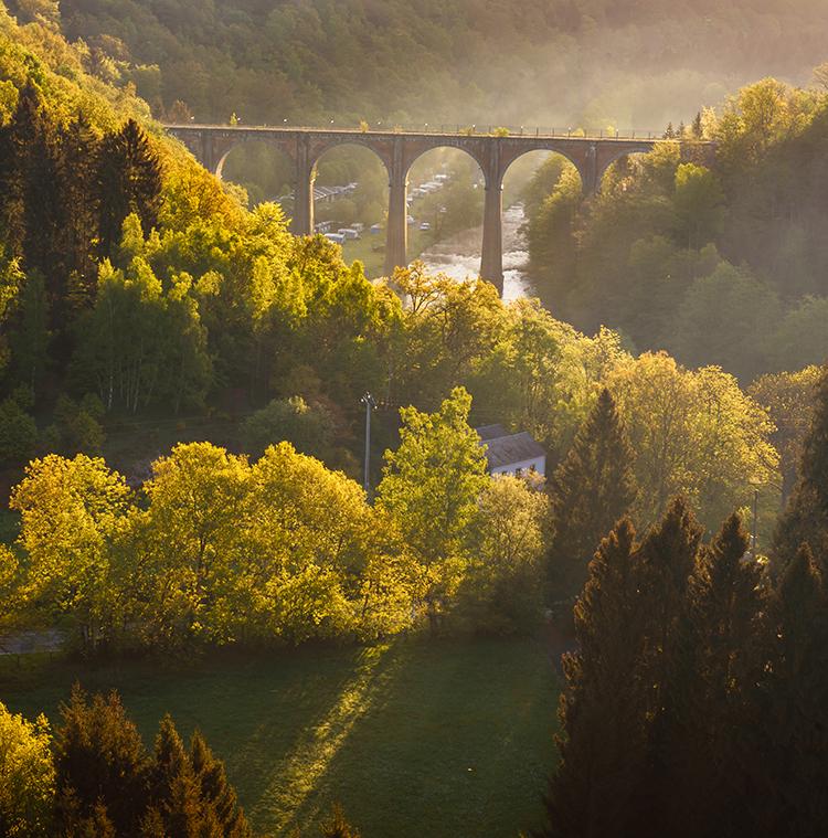 zonnig landschap met brug in de Ardennen