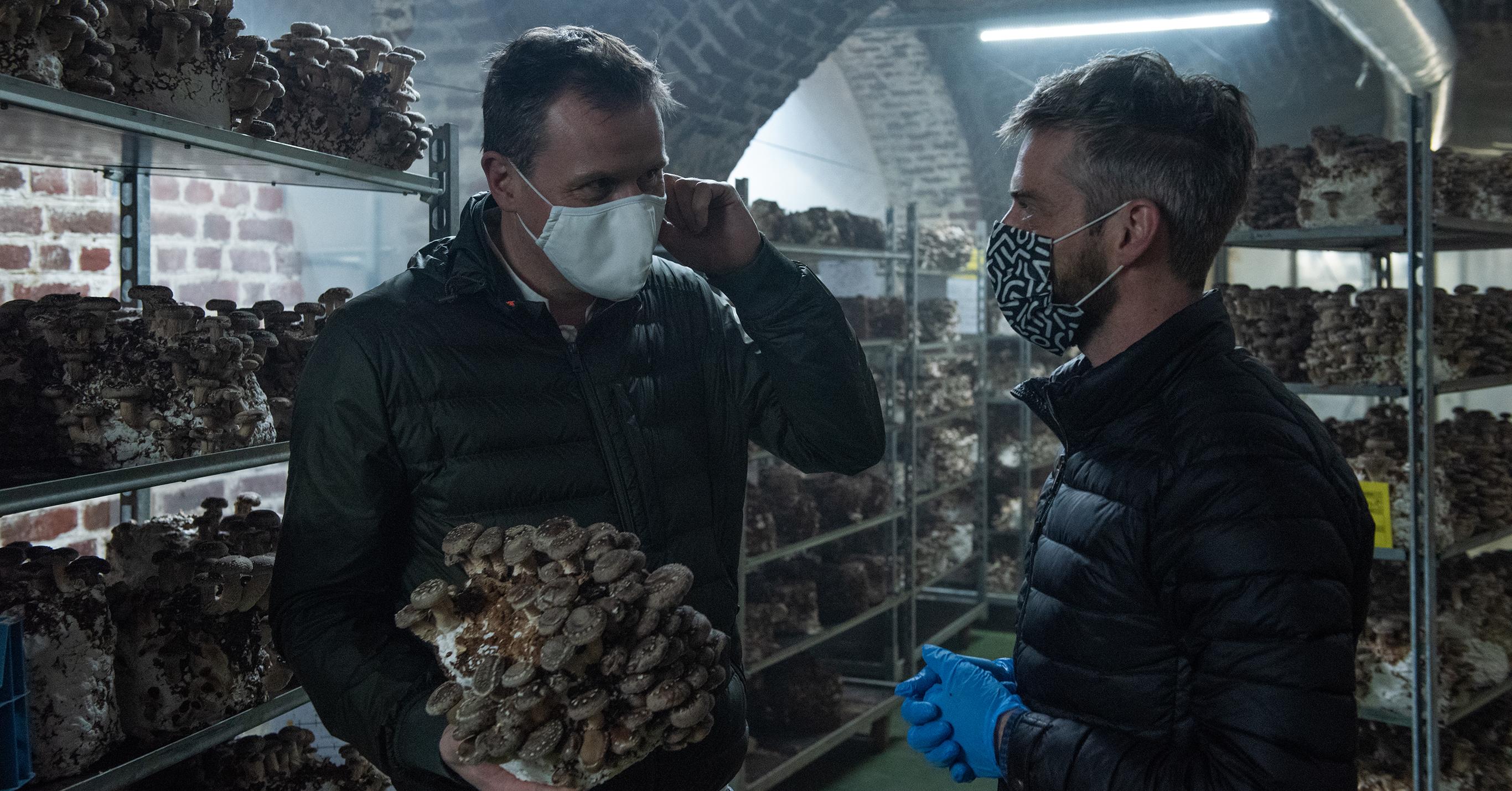 Christophe Hardiquest bij Le Champignon de Bruxelles met zijn lokale producent