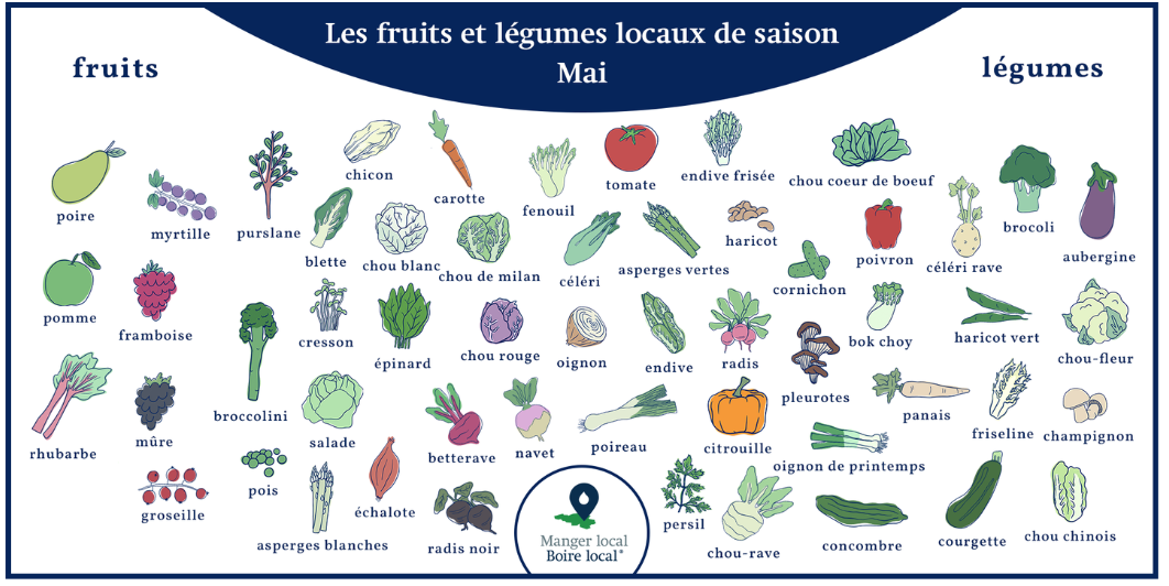 Calendrier des fruits et légumes de saison et locaux, légumes mai